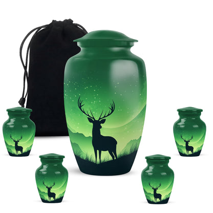 Moss Green Deer Cremation Urn top-down view of secure threaded lid - timeless deer motif etched into premium metal - memorial set with one large and four small urns