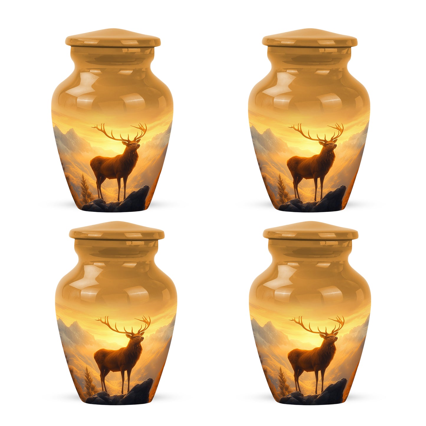 Harvest Gold Deer Cremation Urn side profile showing urn shape - elegant classic deer relief with fine detailing - 10 inch aluminum urn for cremated remains