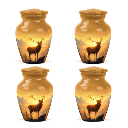 Harvest Gold Deer Cremation Urn side profile showing urn shape - elegant classic deer relief with fine detailing - 10 inch aluminum urn for cremated remains