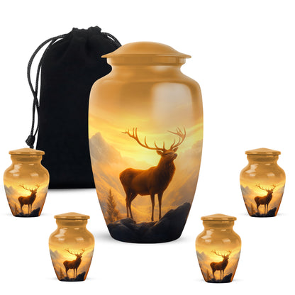Antique Gold Deer Cremation Urn top-down view of secure threaded lid - timeless deer motif etched into premium metal - memorial set with one large and four small urns