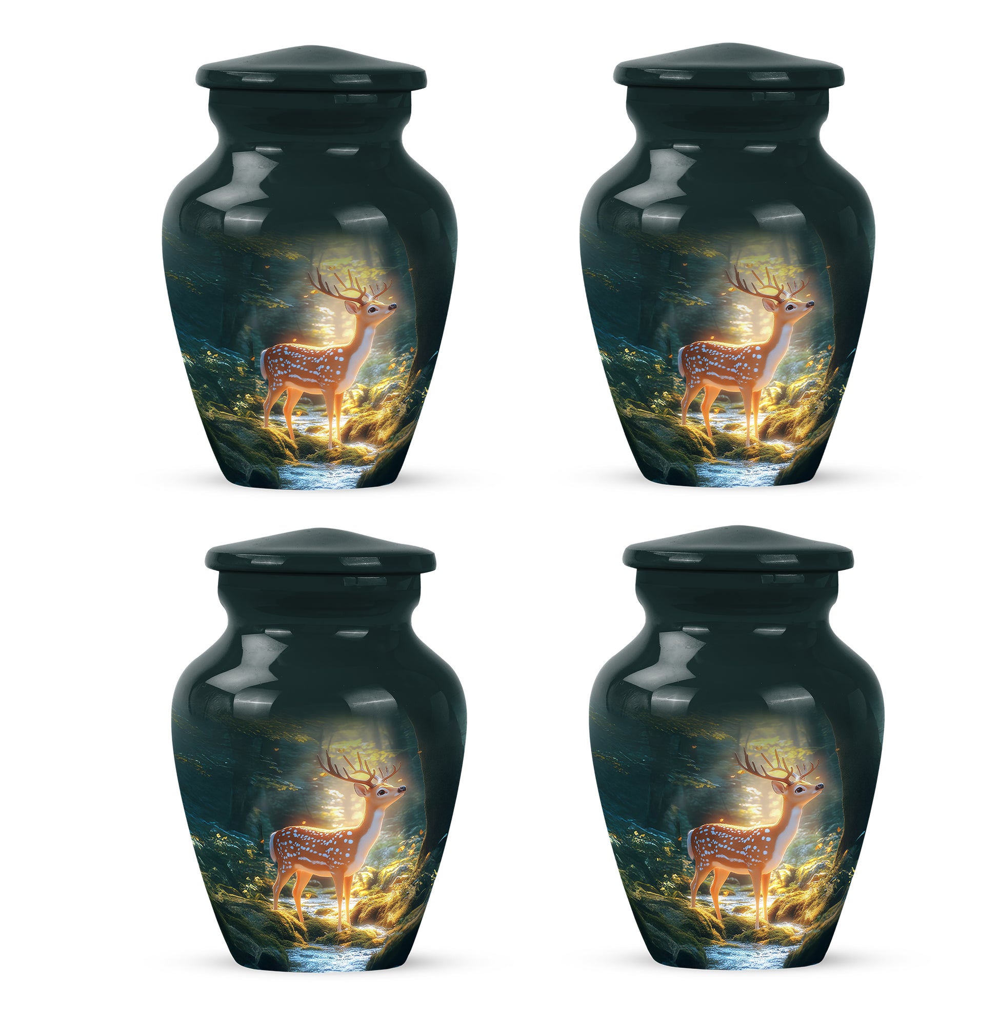 Vivid Teal Deer Cremation Urn side profile showing urn shape - traditional deer engraving with hand-polished finish - 10 inch aluminum urn for cremated remains