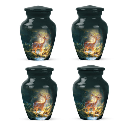 Vivid Teal Deer Cremation Urn side profile showing urn shape - traditional deer engraving with hand-polished finish - 10 inch aluminum urn for cremated remains