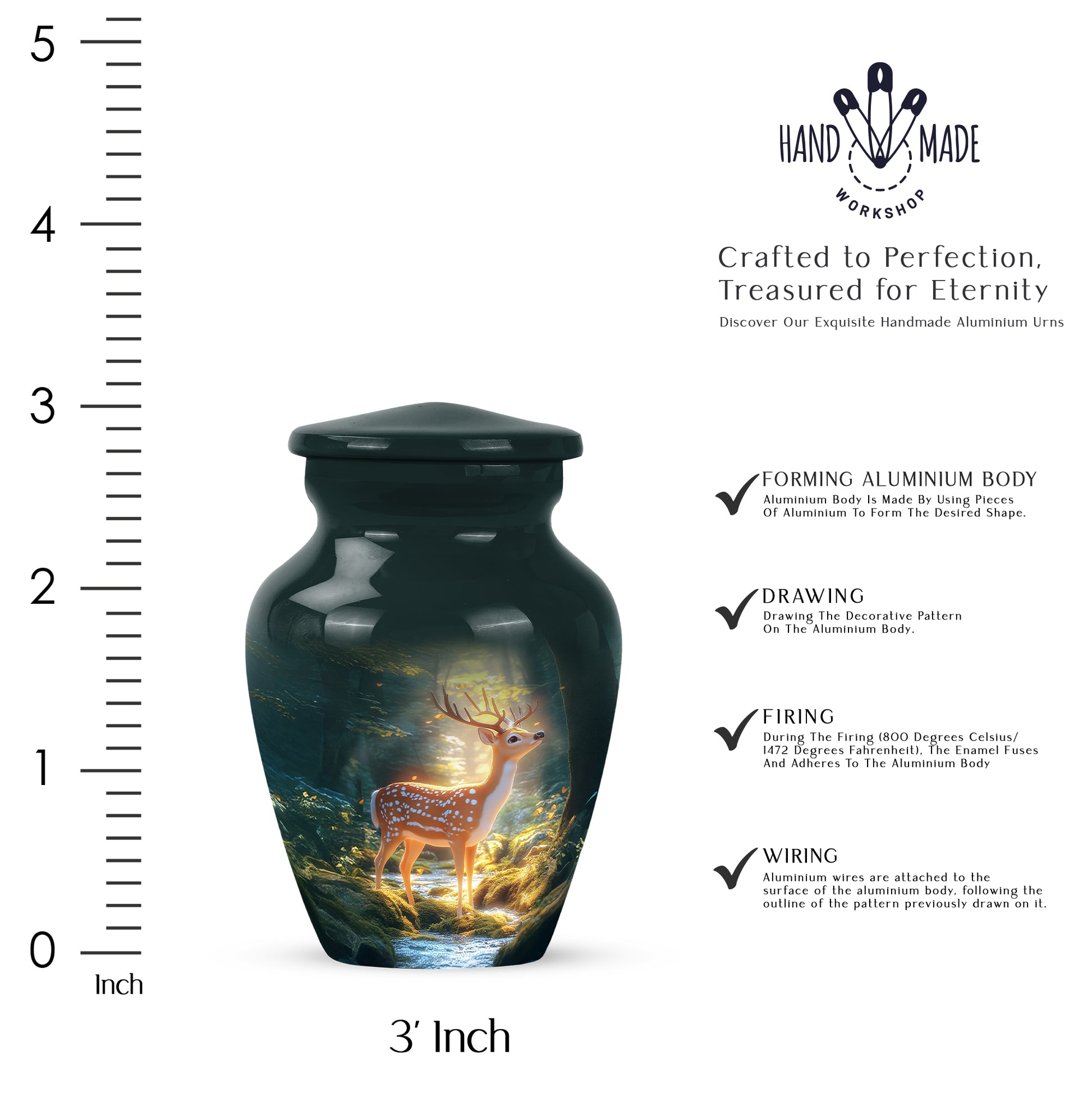 Vivid Teal Deer Cremation Urn close-up of engraving and surface detail - traditional deer engraving with hand-polished finish - mini keepsake memorial for portion of cremation ashes