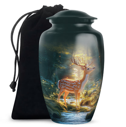 Jewel Teal Deer Cremation Urn angled view of lid and engraved motif - classic sculpted deer pattern on smooth aluminum - full-size 10 inch 200 cubic inch adult cremation urn