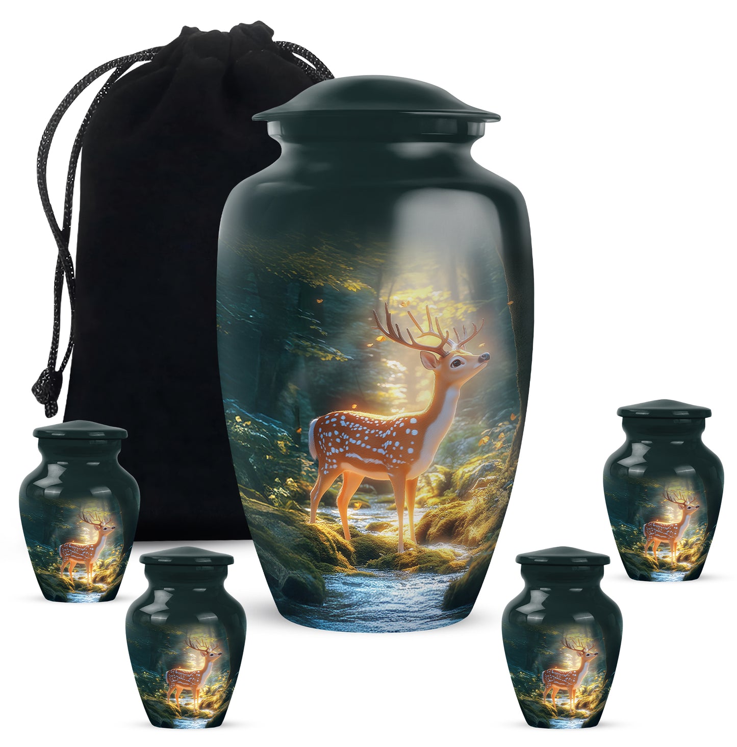 Vivid Teal Deer Cremation Urn top-down view of secure threaded lid - elegant classic deer relief with fine detailing - memorial set with one large and four small urns