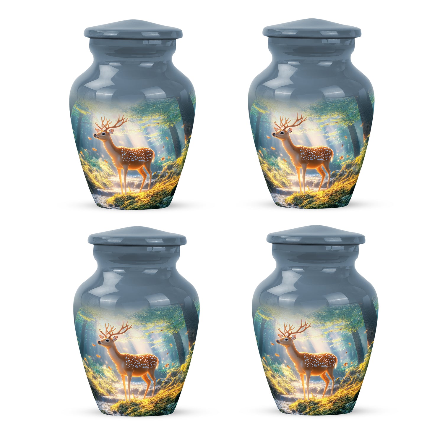 Navy Blue Deer Cremation Urn side profile showing urn shape - classic sculpted deer pattern on smooth aluminum - 10 inch aluminum urn for cremated remains