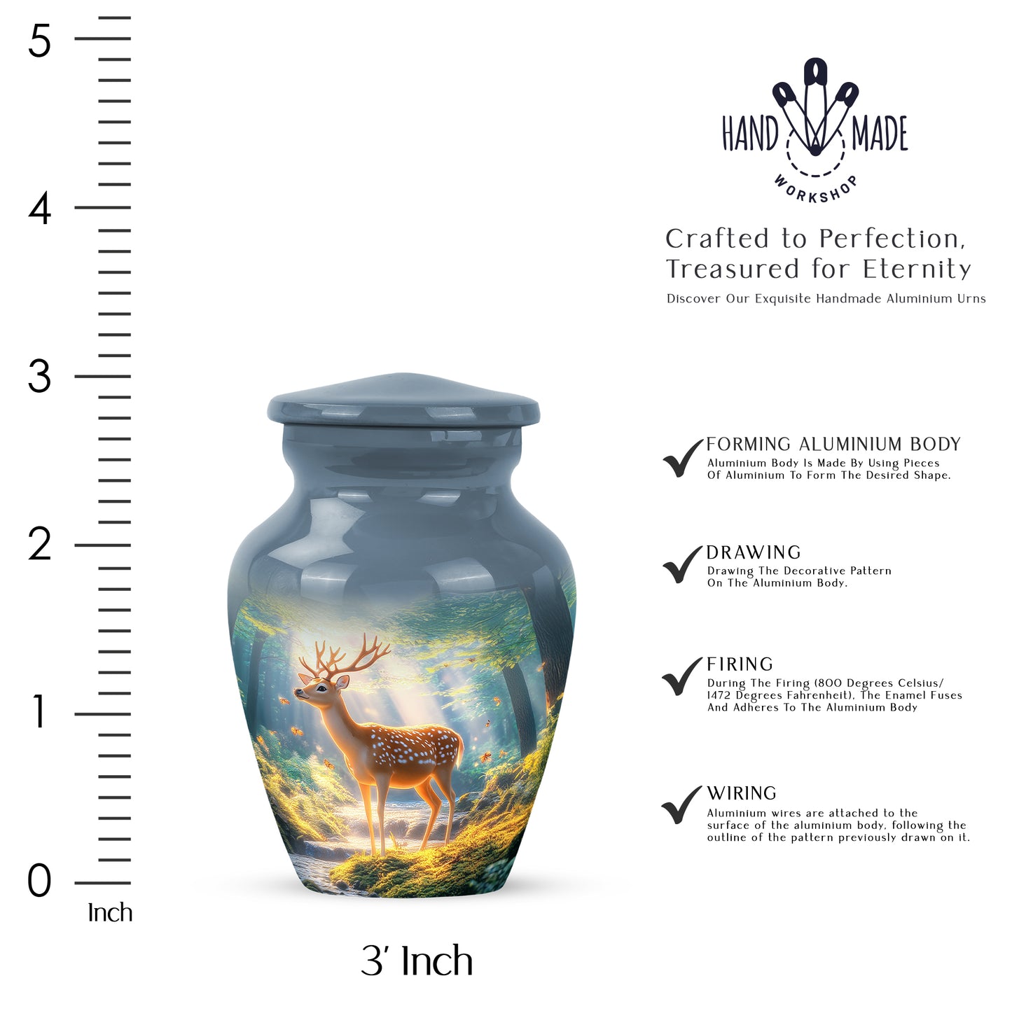 Serene Blue Deer Cremation Urn close-up of engraving and surface detail - traditional deer engraving with hand-polished finish - mini keepsake memorial for portion of cremation ashes