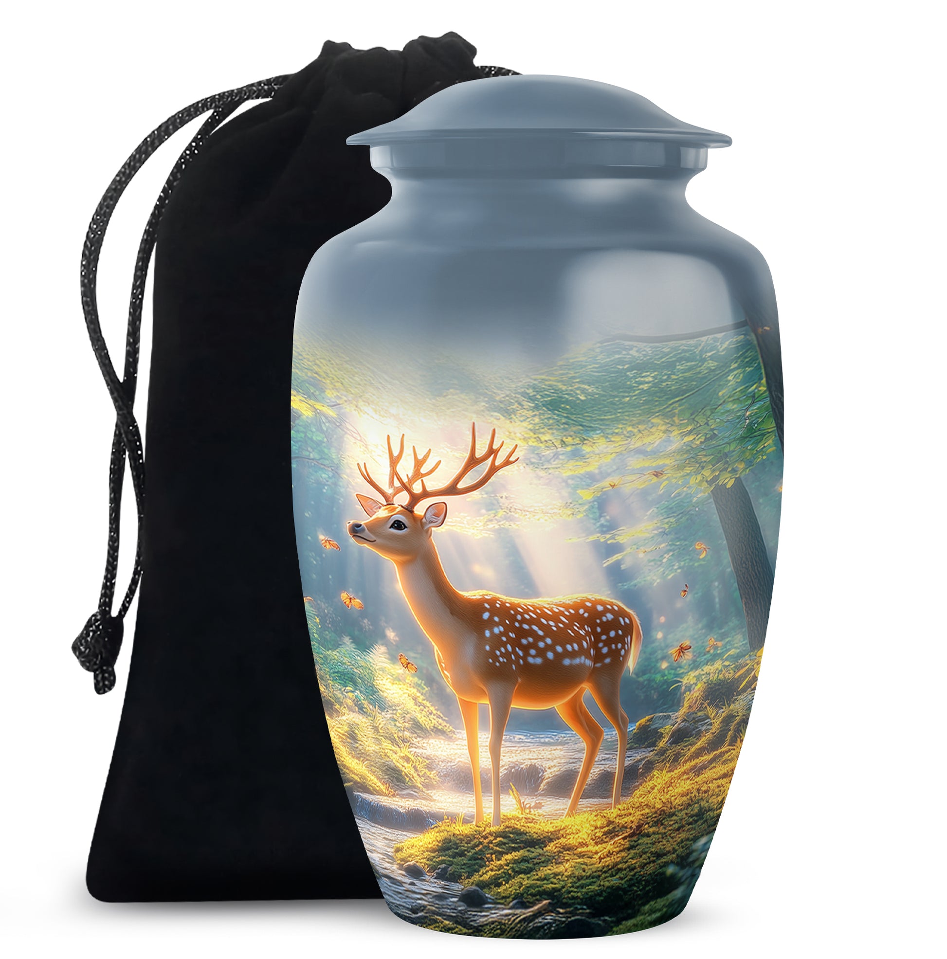 Twilight Blue Deer Cremation Urn angled view of lid and engraved motif - elegant classic deer relief with fine detailing - full-size 10 inch 200 cubic inch adult cremation urn