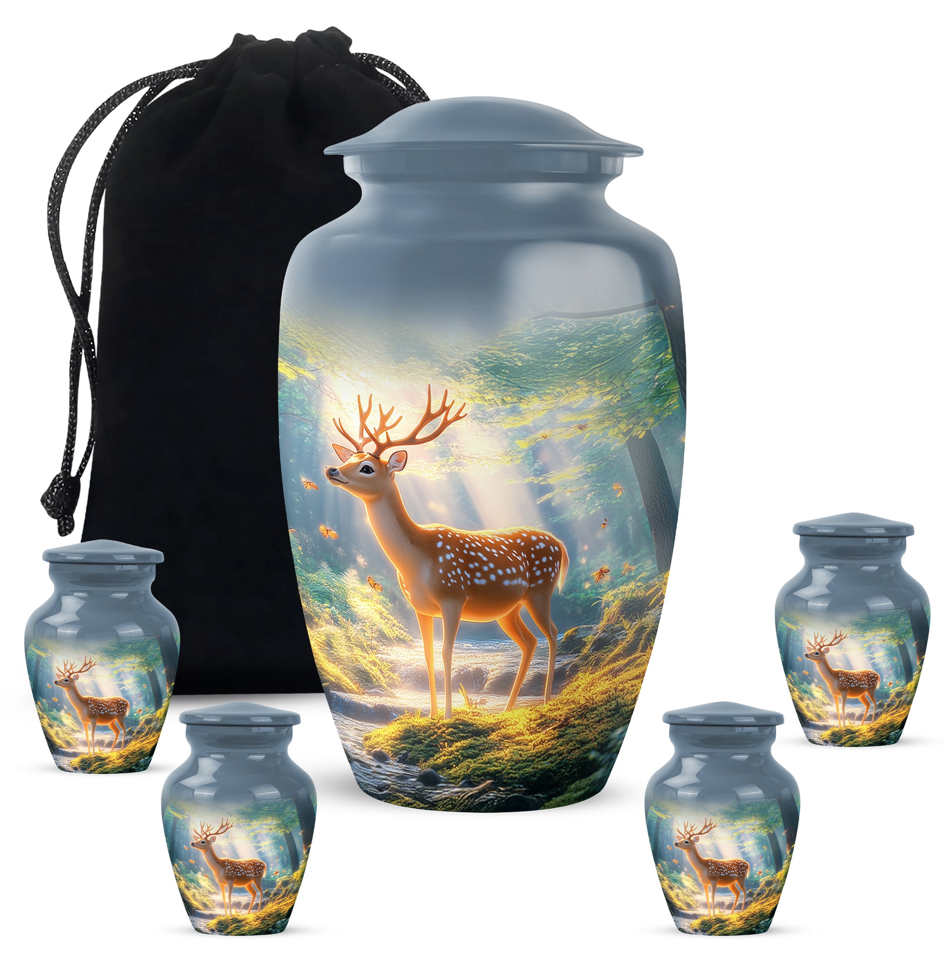 Sapphire Blue Deer Cremation Urn top-down view of secure threaded lid - traditional deer engraving with hand-polished finish - memorial set with one large and four small urns