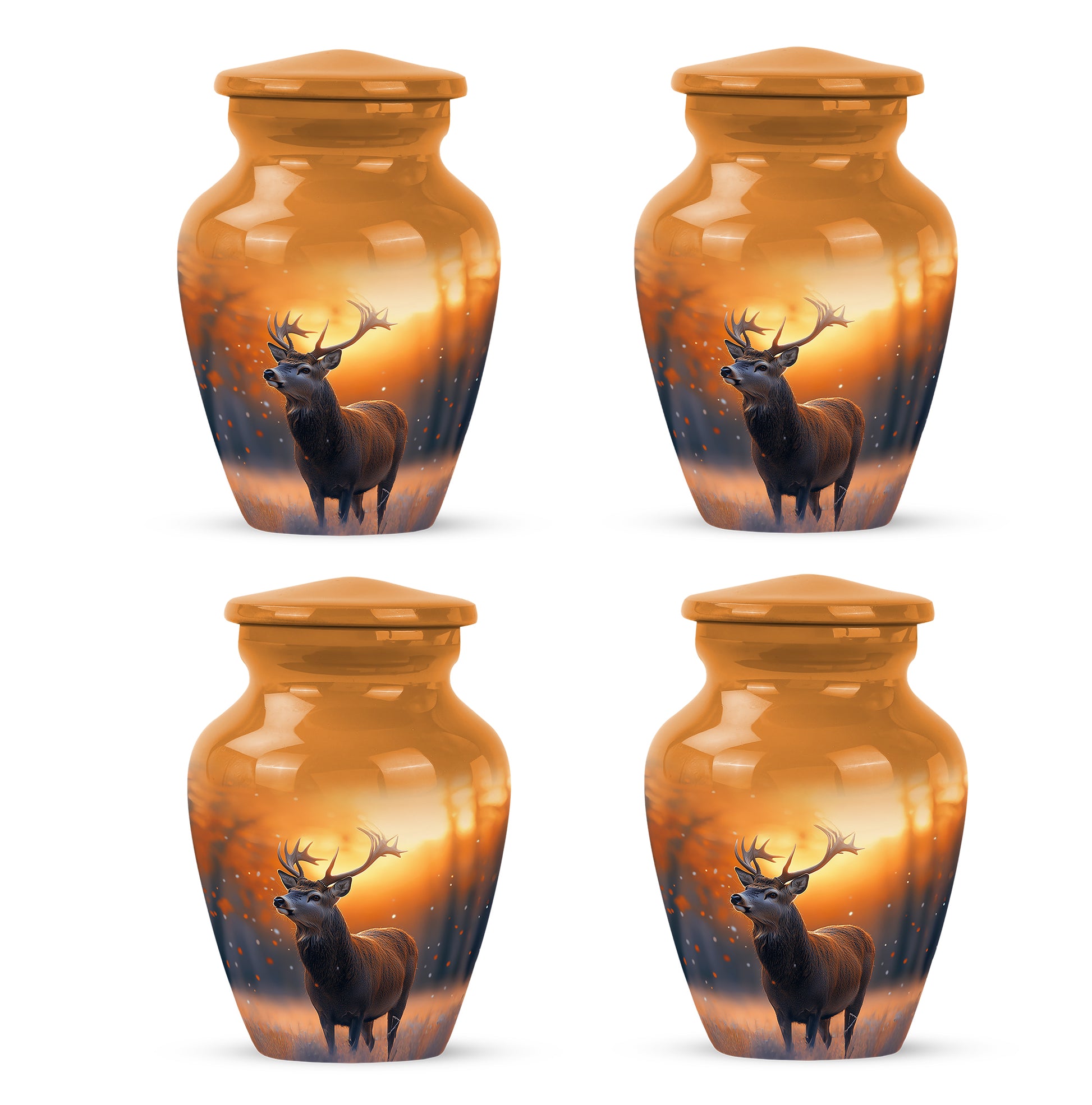 Champagne Gold Deer Cremation Urn side profile showing urn shape - timeless deer motif etched into premium metal - 10 inch aluminum urn for cremated remains