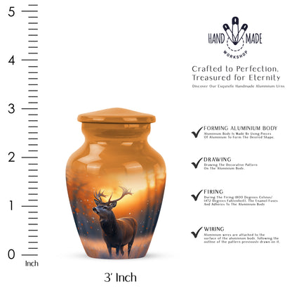 Harvest Gold Deer Cremation Urn close-up of engraving and surface detail - traditional deer engraving with hand-polished finish - mini keepsake memorial for portion of cremation ashes