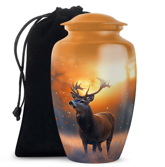 Gilded Gold Deer Cremation Urn angled view of lid and engraved motif - classic sculpted deer pattern on smooth aluminum - full-size 10 inch 200 cubic inch adult cremation urn