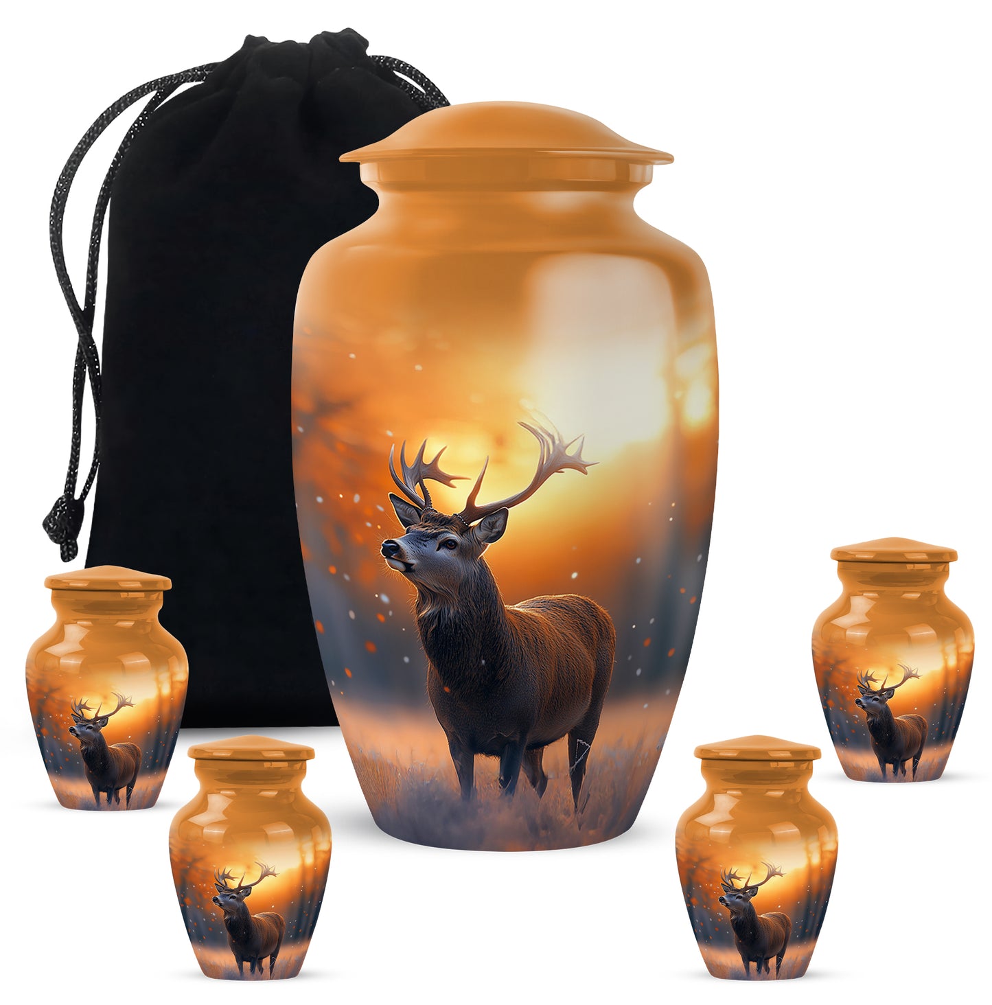 Matte Gold Deer Cremation Urn top-down view of secure threaded lid - elegant classic deer relief with fine detailing - memorial set with one large and four small urns