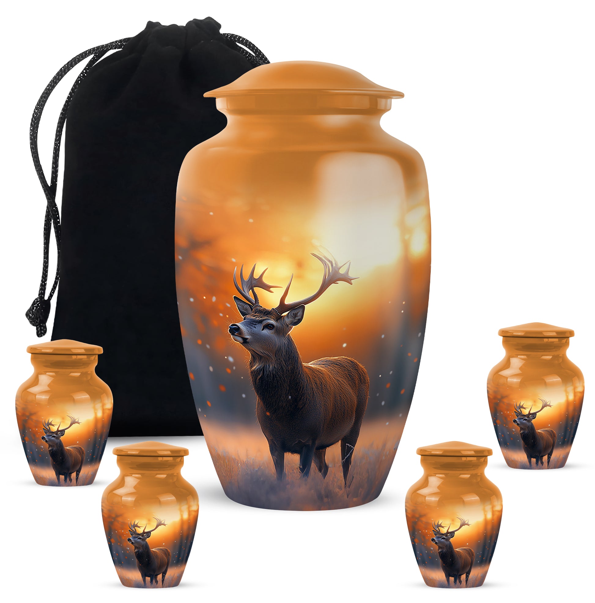 Matte Gold Deer Cremation Urn top-down view of secure threaded lid - elegant classic deer relief with fine detailing - memorial set with one large and four small urns
