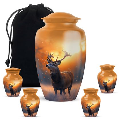 Matte Gold Deer Cremation Urn top-down view of secure threaded lid - elegant classic deer relief with fine detailing - memorial set with one large and four small urns