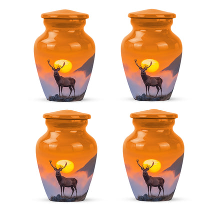 Burnished Gold Deer Cremation Urn side profile showing urn shape - elegant classic deer relief with fine detailing - 10 inch aluminum urn for cremated remains