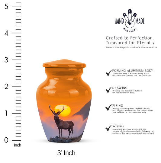 Matte Gold Deer Cremation Urn close-up of engraving and surface detail - elegant classic deer relief with fine detailing - mini keepsake memorial for portion of cremation ashes