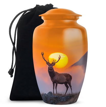 Warm Gold Deer Cremation Urn angled view of lid and engraved motif - elegant classic deer relief with fine detailing - full-size 10 inch 200 cubic inch adult cremation urn