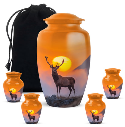 Gilded Gold Deer Cremation Urn top-down view of secure threaded lid - timeless deer motif etched into premium metal - memorial set with one large and four small urns