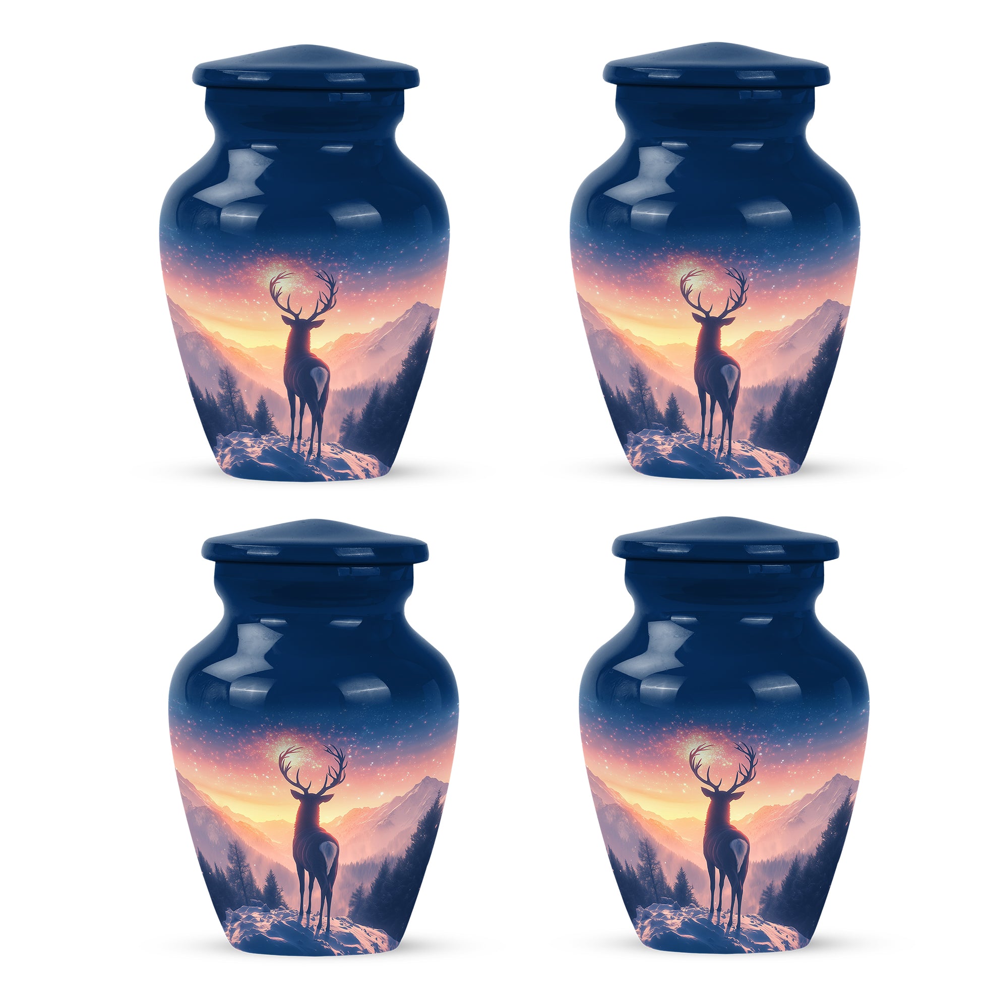 Misty Blue Deer Cremation Urn side profile showing urn shape - classic sculpted deer pattern on smooth aluminum - 10 inch aluminum urn for cremated remains