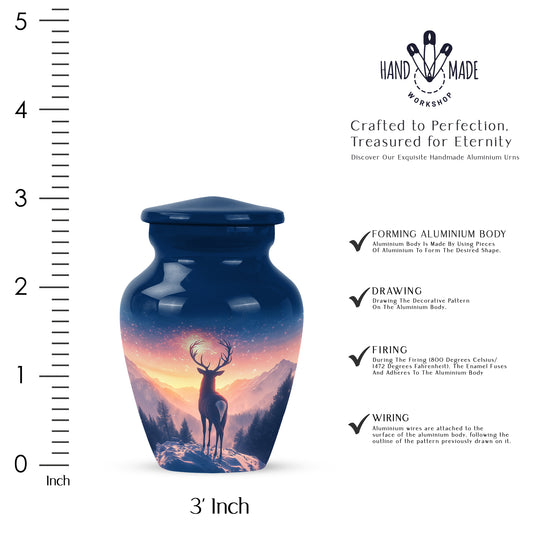 Indigo Deer Cremation Urn close-up of engraving and surface detail - classic sculpted deer pattern on smooth aluminum - mini keepsake memorial for portion of cremation ashes