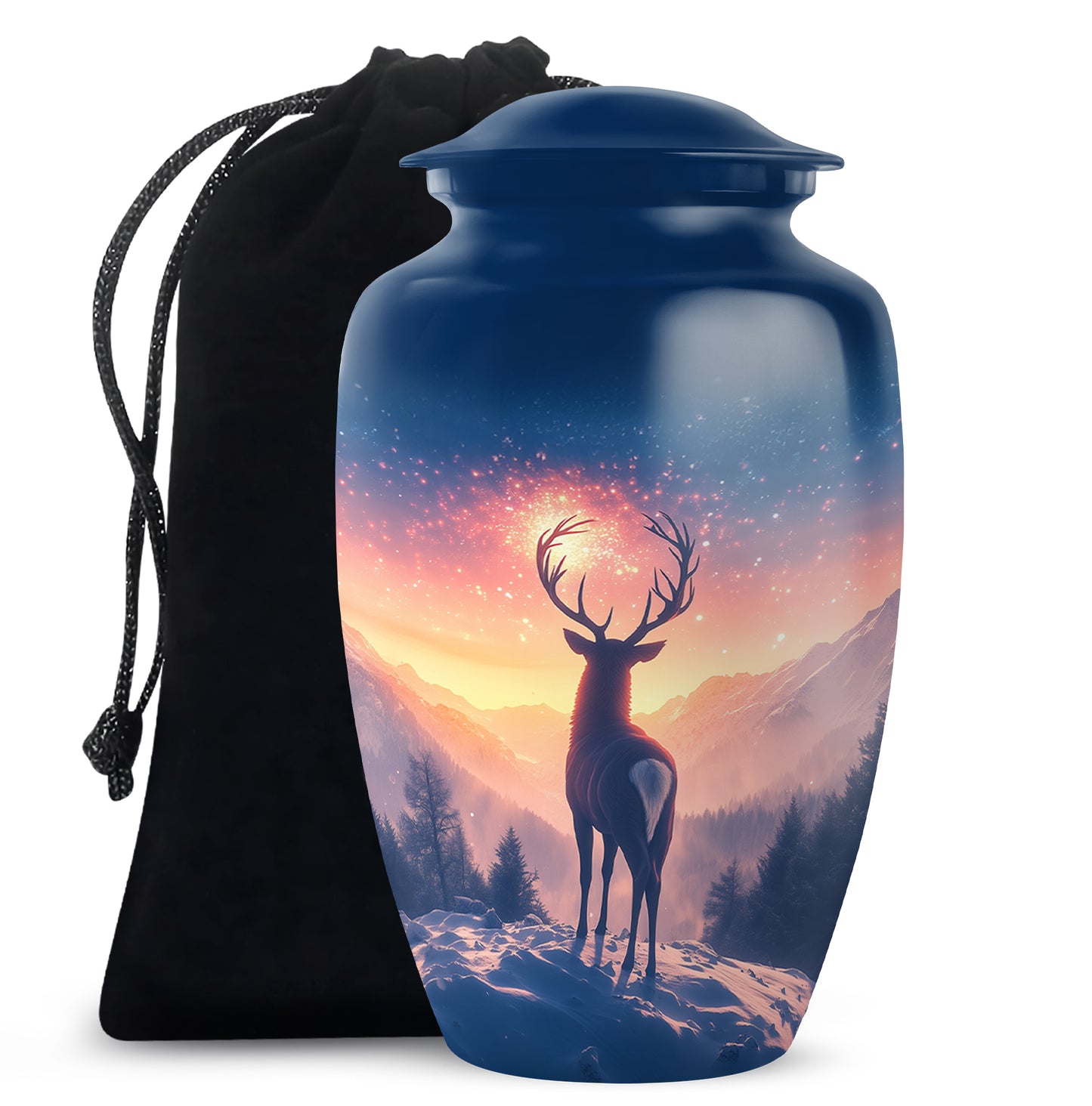 Royal Blue Deer Cremation Urn angled view of lid and engraved motif - elegant classic deer relief with fine detailing - full-size 10 inch 200 cubic inch adult cremation urn