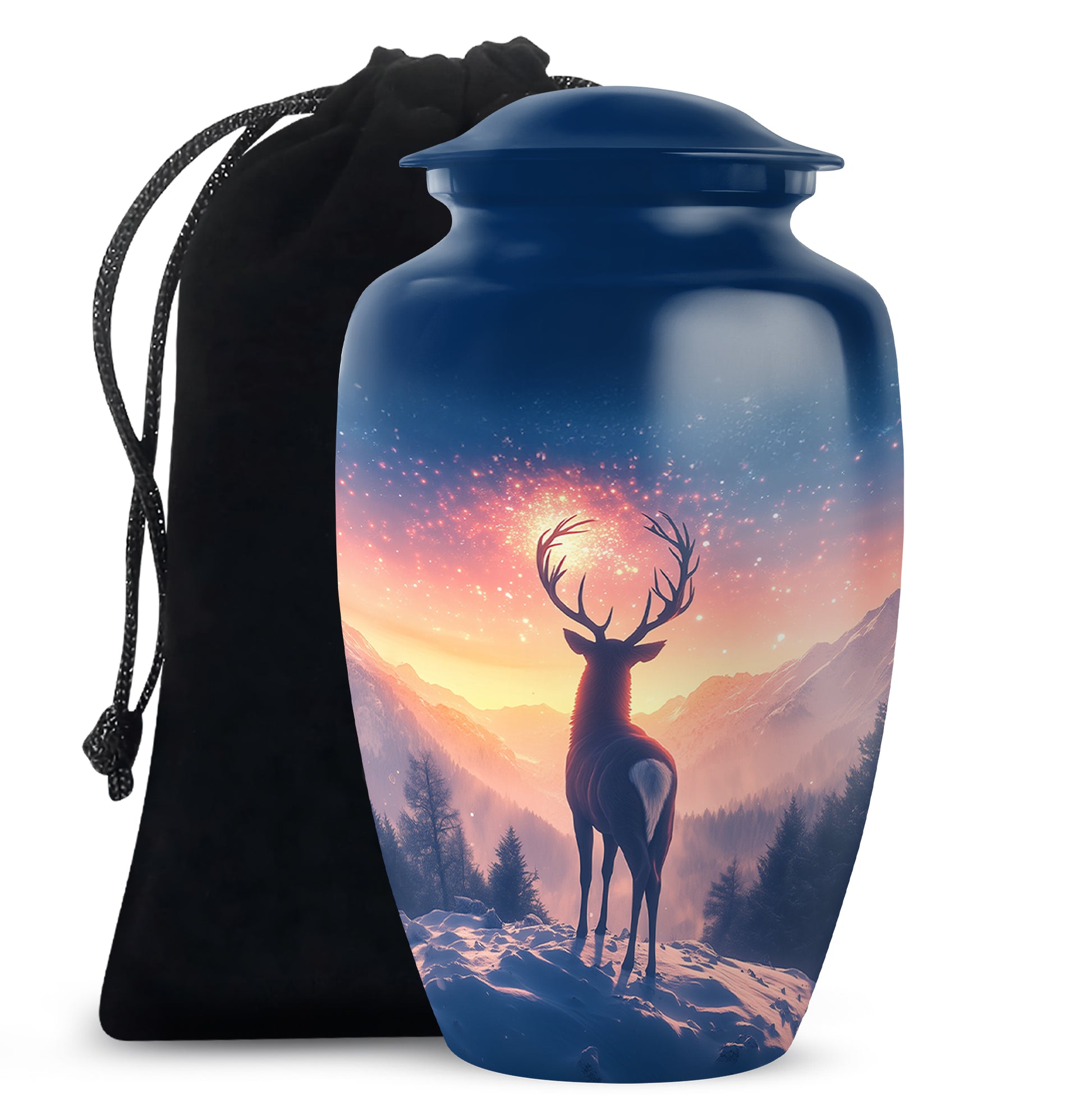 Royal Blue Deer Cremation Urn angled view of lid and engraved motif - elegant classic deer relief with fine detailing - full-size 10 inch 200 cubic inch adult cremation urn