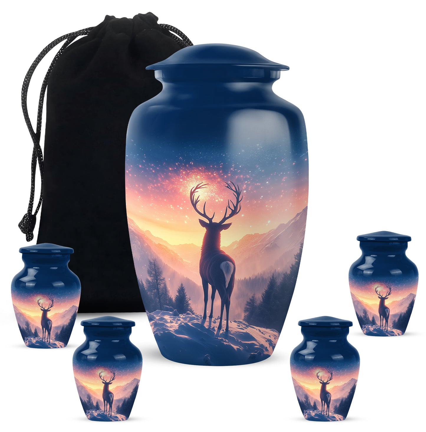 Steel Blue Deer Cremation Urn top-down view of secure threaded lid - elegant classic deer relief with fine detailing - memorial set with one large and four small urns