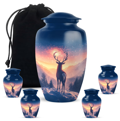 Steel Blue Deer Cremation Urn top-down view of secure threaded lid - elegant classic deer relief with fine detailing - memorial set with one large and four small urns