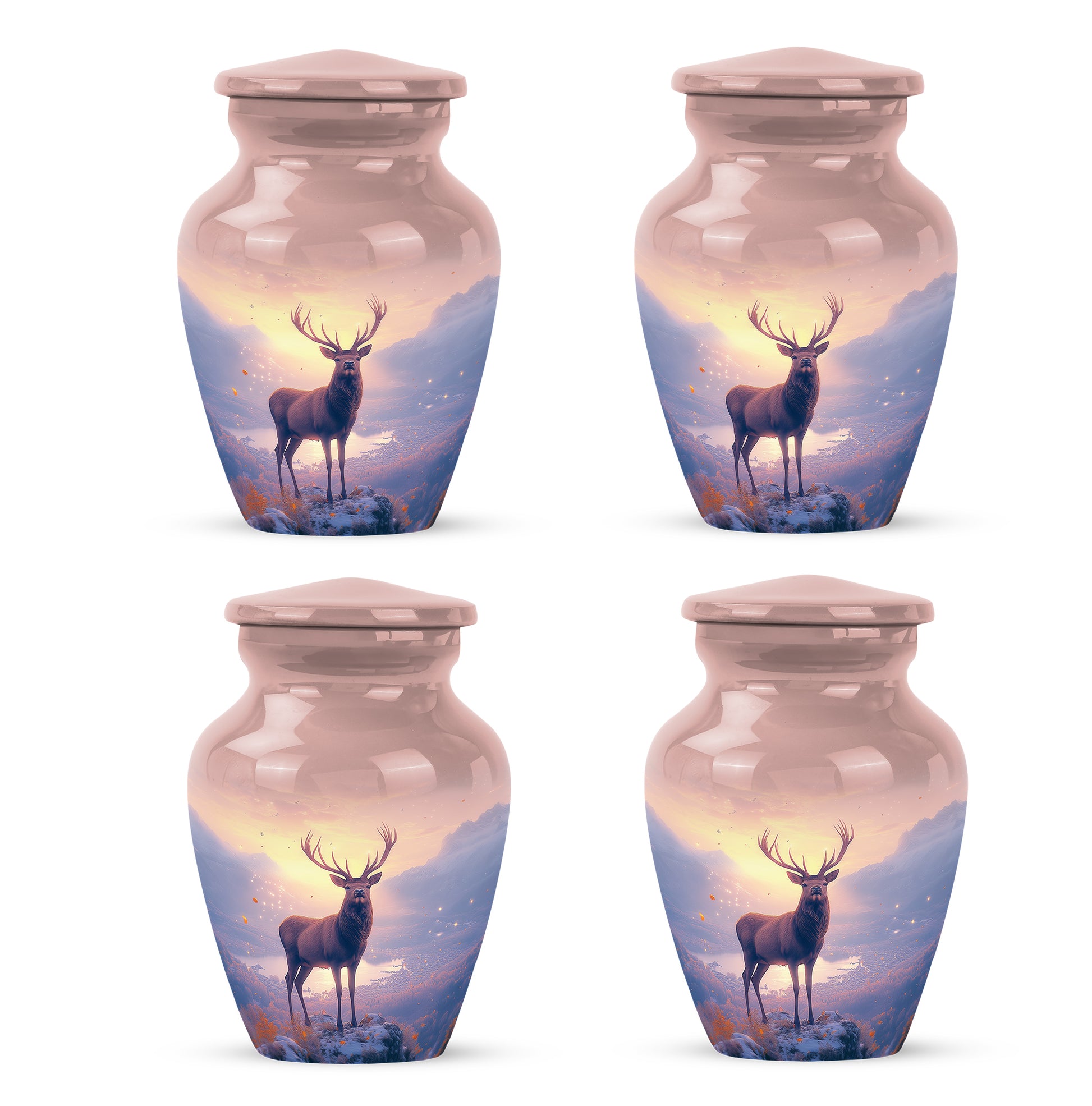 Ruby Red Deer Cremation Urn side profile showing urn shape - traditional deer engraving with hand-polished finish - 10 inch aluminum urn for cremated remains