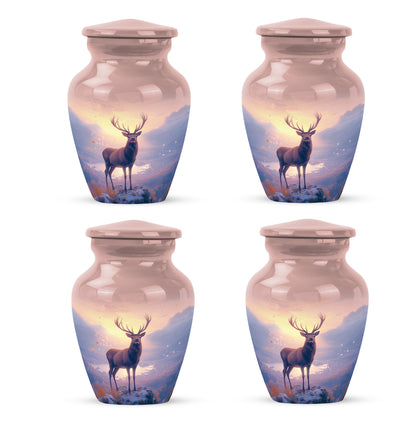 Ruby Red Deer Cremation Urn side profile showing urn shape - traditional deer engraving with hand-polished finish - 10 inch aluminum urn for cremated remains