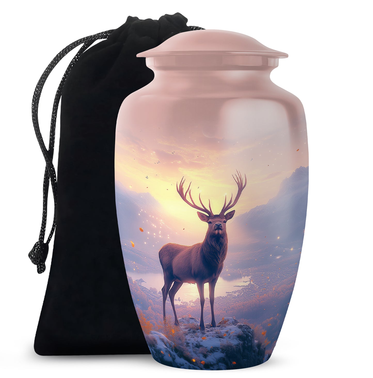 Ruby Red Deer Cremation Urn angled view of lid and engraved motif - elegant classic deer relief with fine detailing - full-size 10 inch 200 cubic inch adult cremation urn