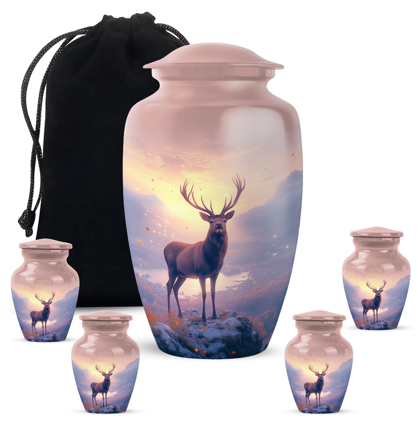 Burgundy Red Deer Cremation Urn top-down view of secure threaded lid - classic sculpted deer pattern on smooth aluminum - memorial set with one large and four small urns