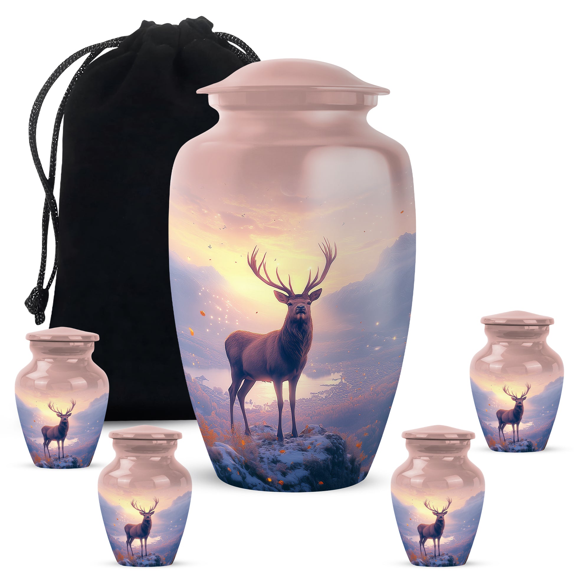 Burgundy Red Deer Cremation Urn top-down view of secure threaded lid - classic sculpted deer pattern on smooth aluminum - memorial set with one large and four small urns