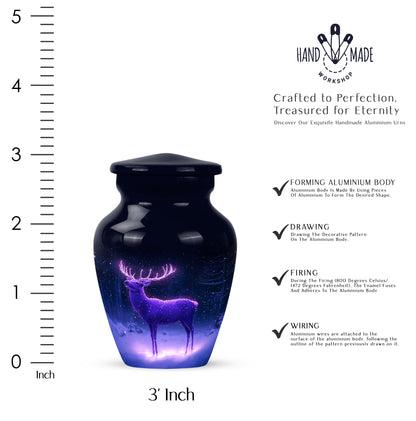 Misty Blue Deer Cremation Urn close-up of engraving and surface detail - timeless deer motif etched into premium metal - mini keepsake memorial for portion of cremation ashes