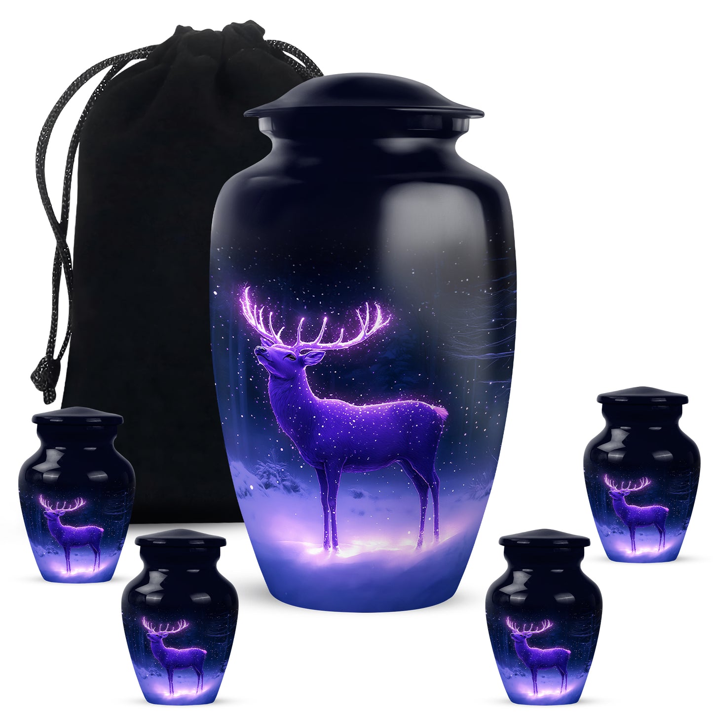Indigo Deer Cremation Urn top-down view of secure threaded lid - classic sculpted deer pattern on smooth aluminum - memorial set with one large and four small urns