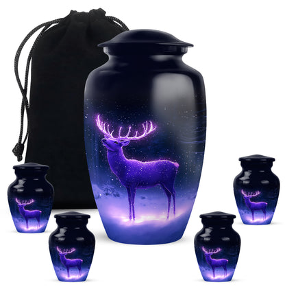 Indigo Deer Cremation Urn top-down view of secure threaded lid - classic sculpted deer pattern on smooth aluminum - memorial set with one large and four small urns