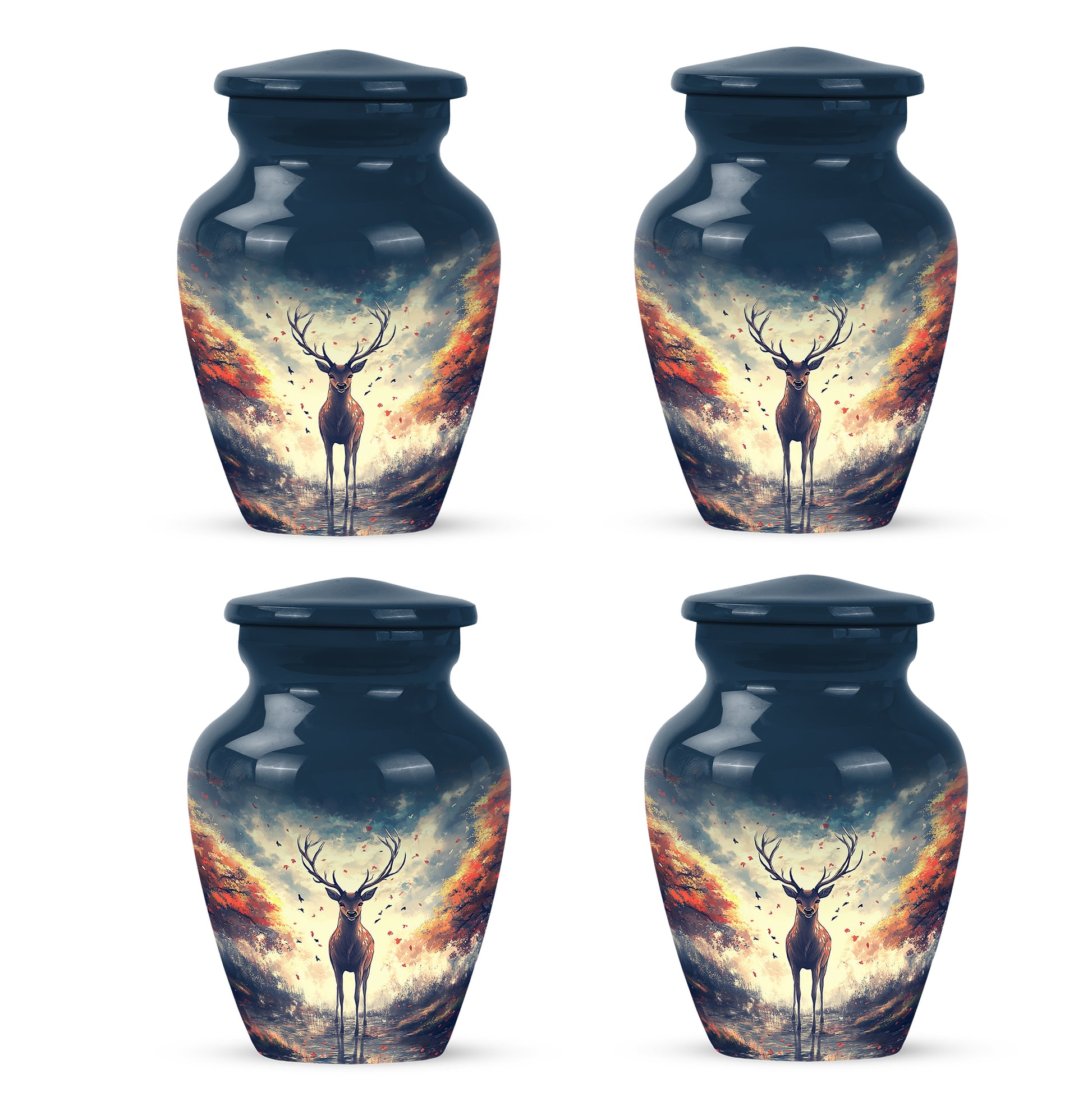 Slate Blue Deer Cremation Urn side profile showing urn shape - classic sculpted deer pattern on smooth aluminum - 10 inch aluminum urn for cremated remains