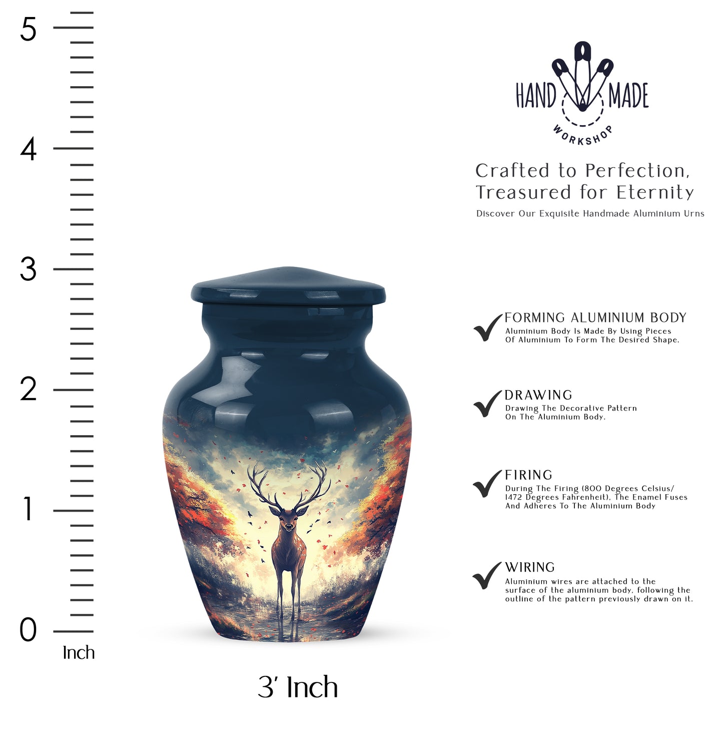 Twilight Blue Deer Cremation Urn close-up of engraving and surface detail - elegant classic deer relief with fine detailing - mini keepsake memorial for portion of cremation ashes