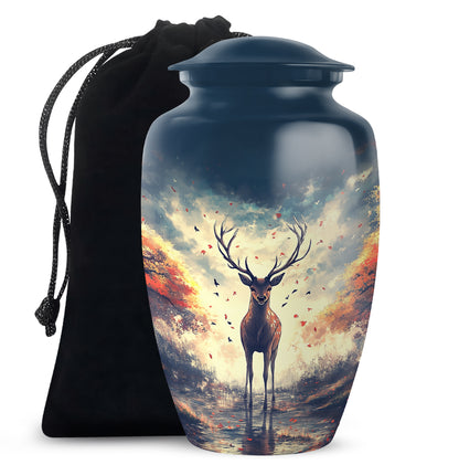 Icy Blue Deer Cremation Urn angled view of lid and engraved motif - classic sculpted deer pattern on smooth aluminum - full-size 10 inch 200 cubic inch adult cremation urn