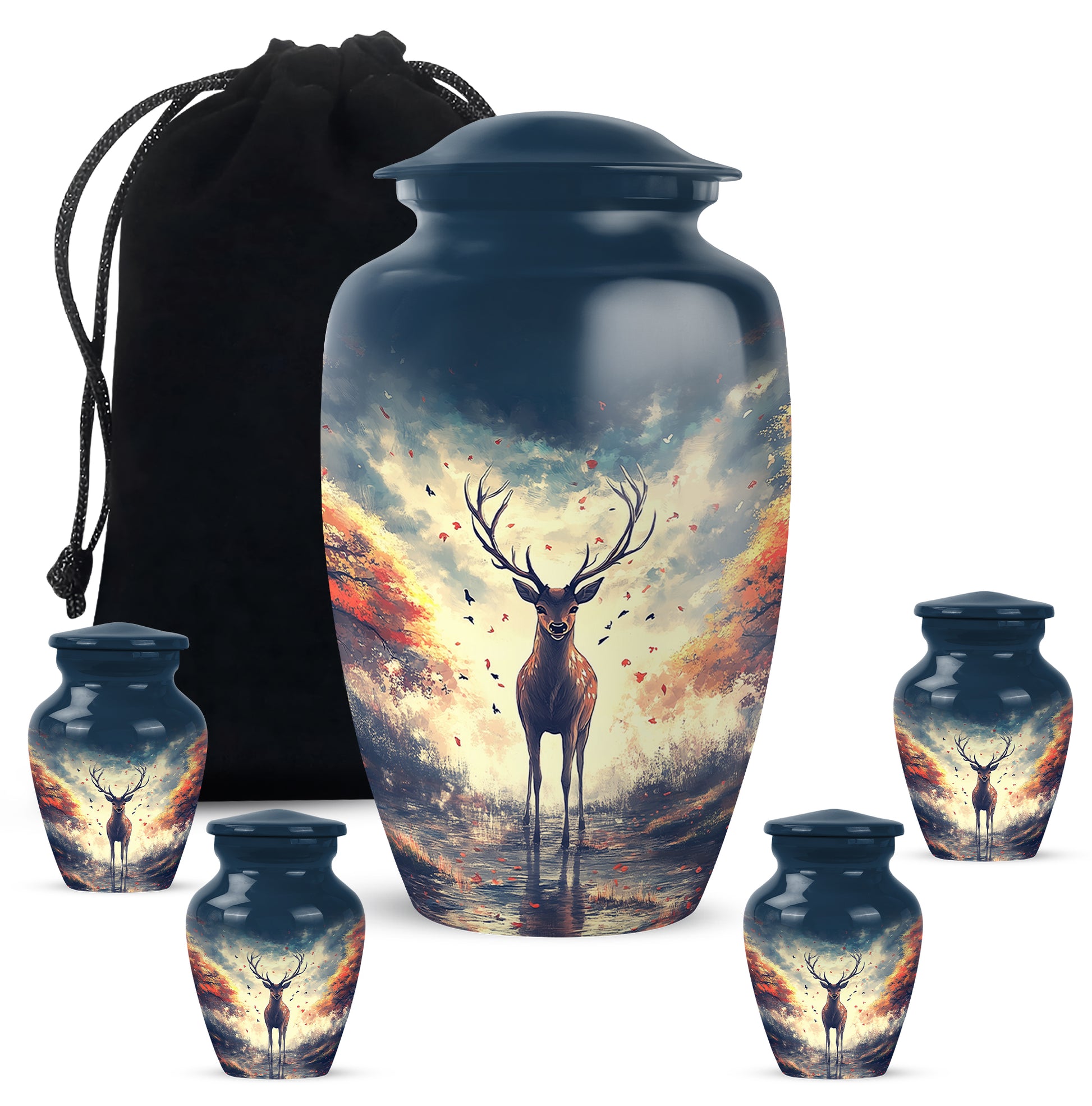 Powder Blue Deer Cremation Urn top-down view of secure threaded lid - timeless deer motif etched into premium metal - memorial set with one large and four small urns