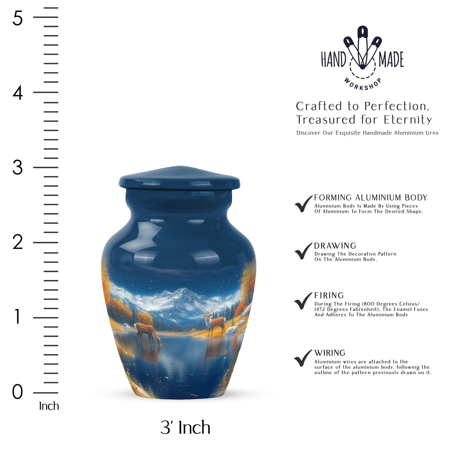 Indigo Deer Cremation Urn close-up of engraving and surface detail - timeless deer motif etched into premium metal - mini keepsake memorial for portion of cremation ashes