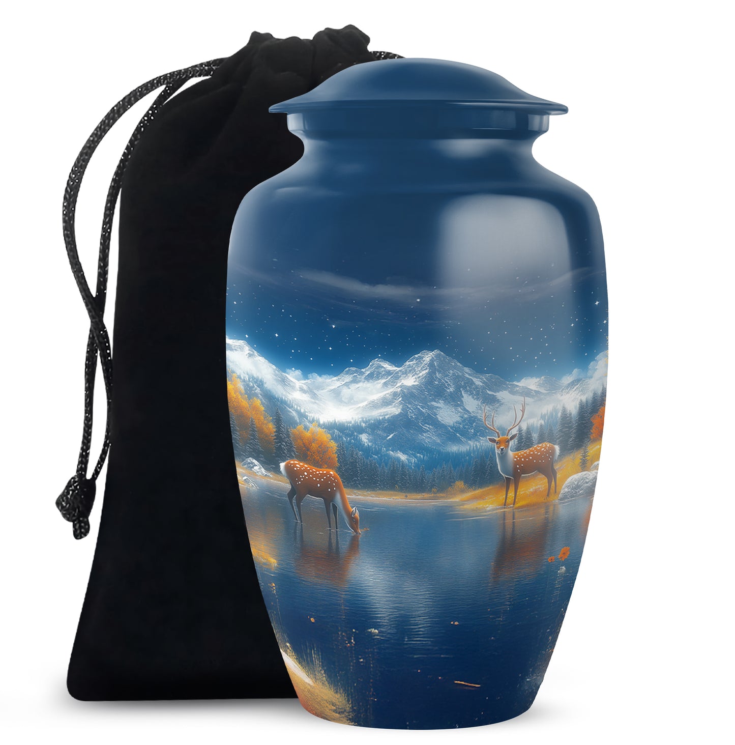 Indigo Deer Cremation Urn angled view of lid and engraved motif - timeless deer motif etched into premium metal - full-size 10 inch 200 cubic inch adult cremation urn