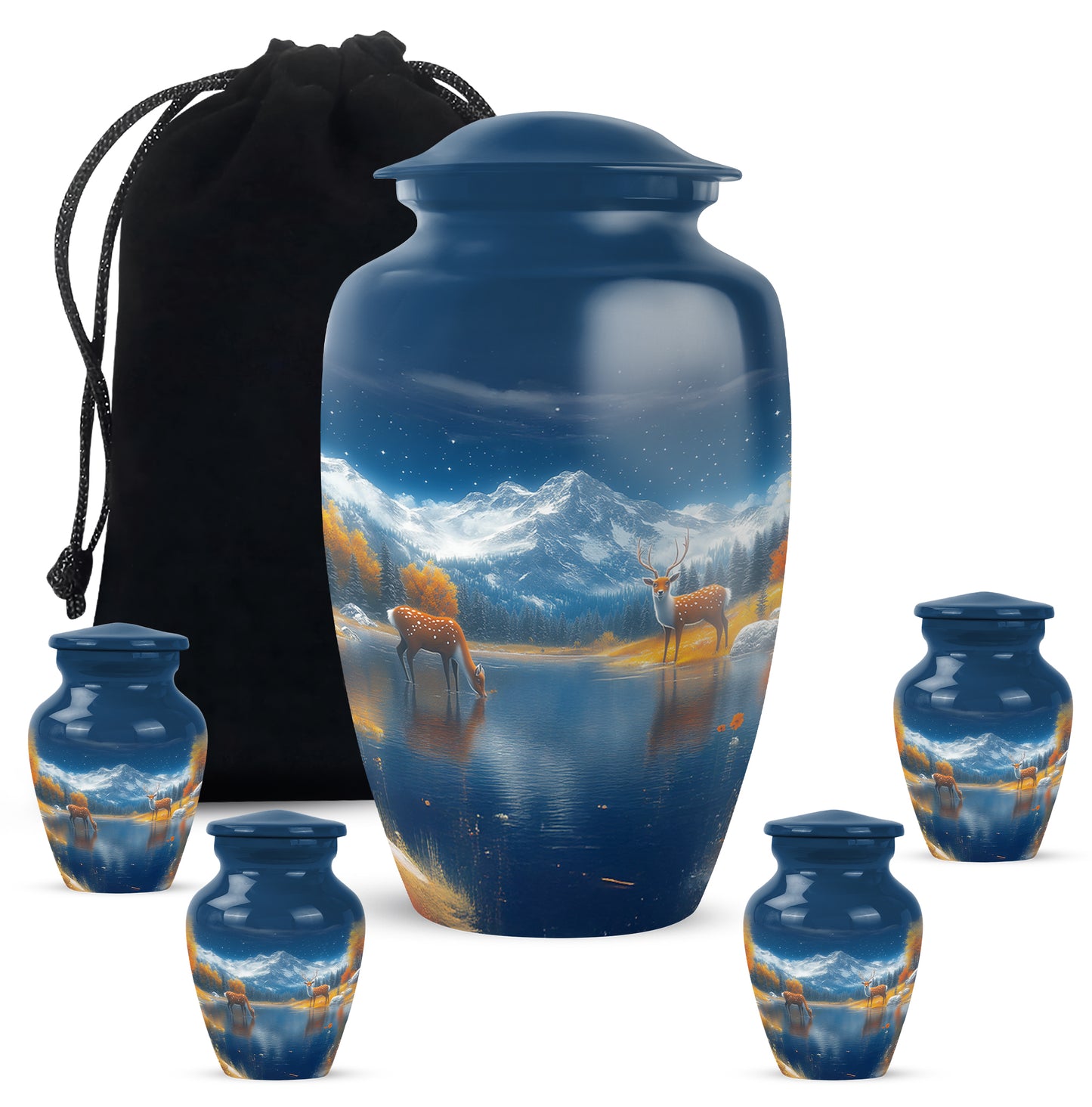 Misty Blue Deer Cremation Urn top-down view of secure threaded lid - classic sculpted deer pattern on smooth aluminum - memorial set with one large and four small urns