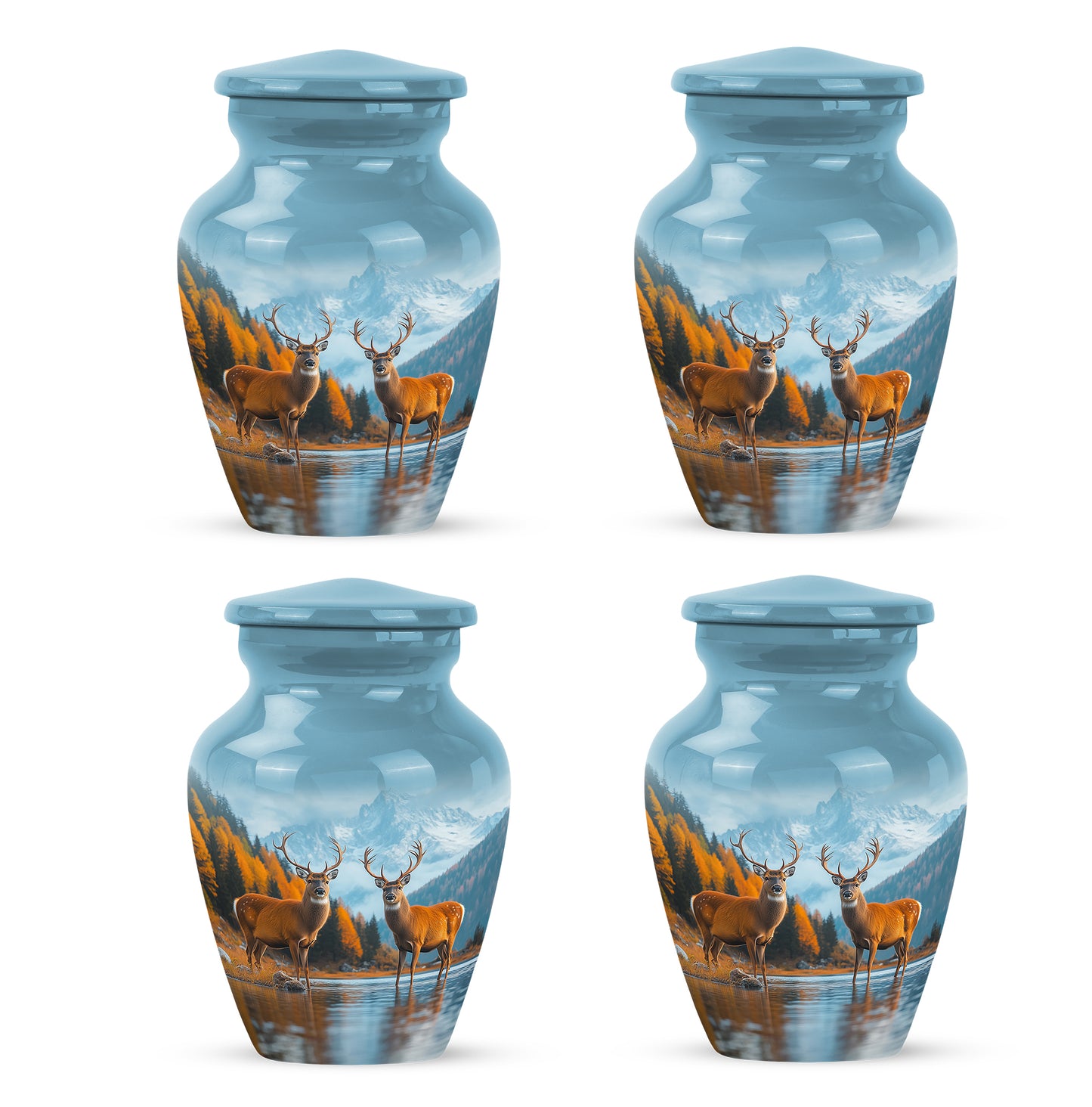 Azure Deer Cremation Urn side profile showing urn shape - timeless deer motif etched into premium metal - 10 inch aluminum urn for cremated remains