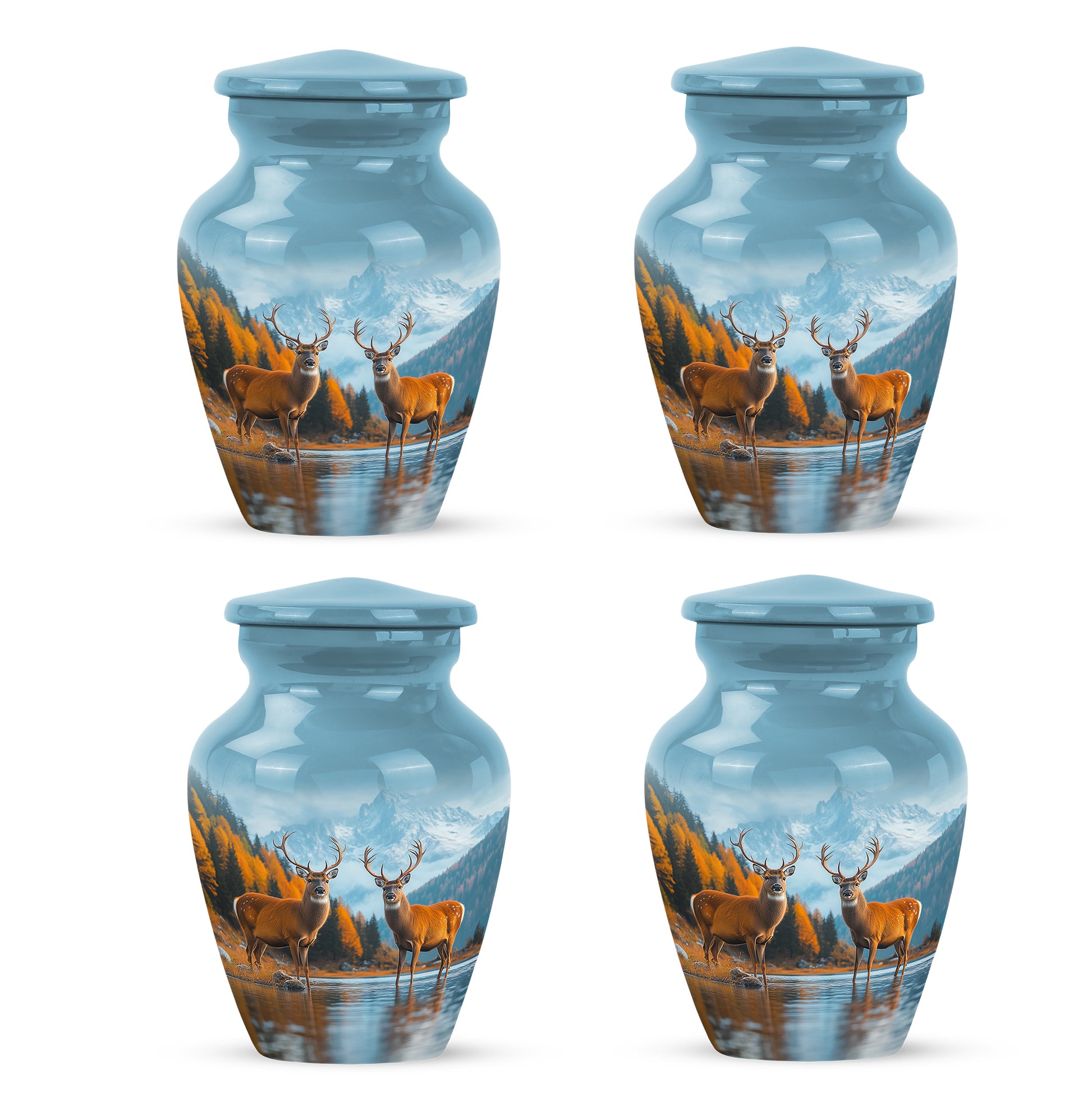 Azure Deer Cremation Urn side profile showing urn shape - timeless deer motif etched into premium metal - 10 inch aluminum urn for cremated remains