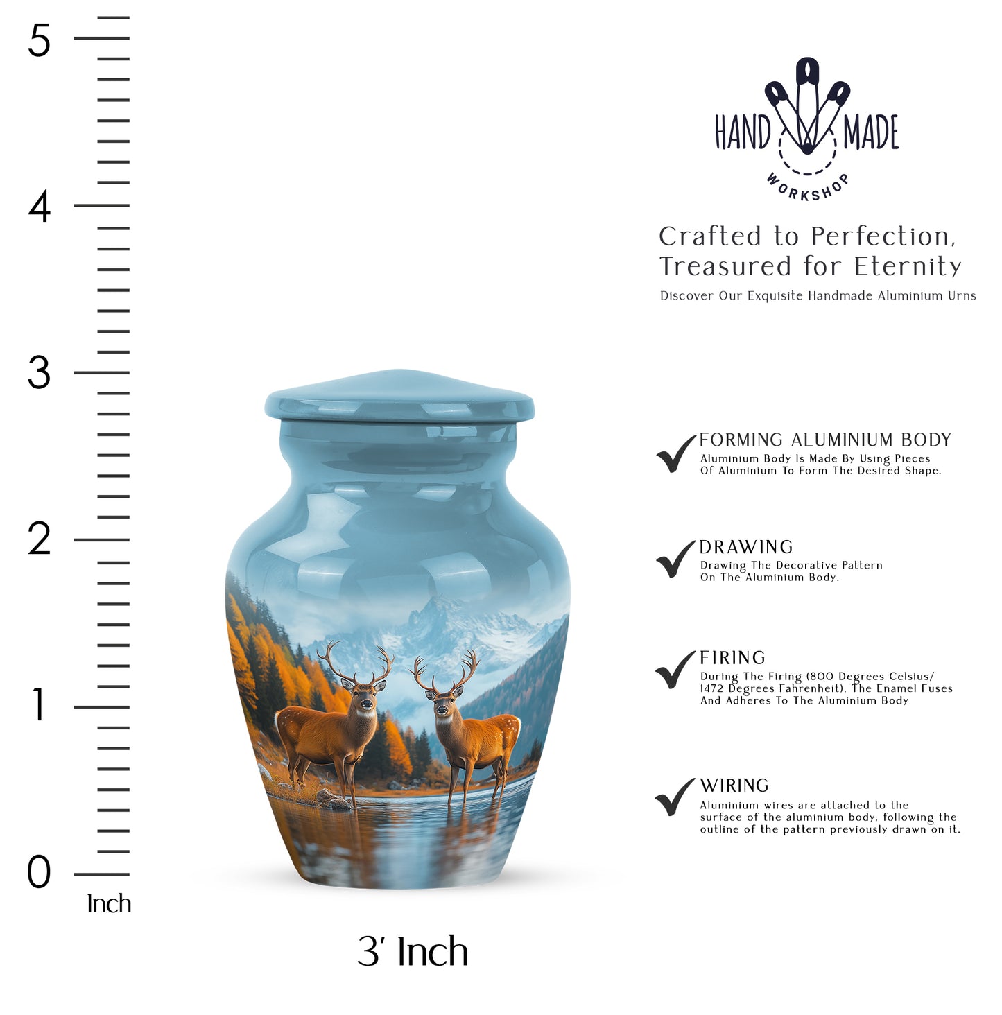 Soft Blue Deer Cremation Urn close-up of engraving and surface detail - elegant classic deer relief with fine detailing - mini keepsake memorial for portion of cremation ashes