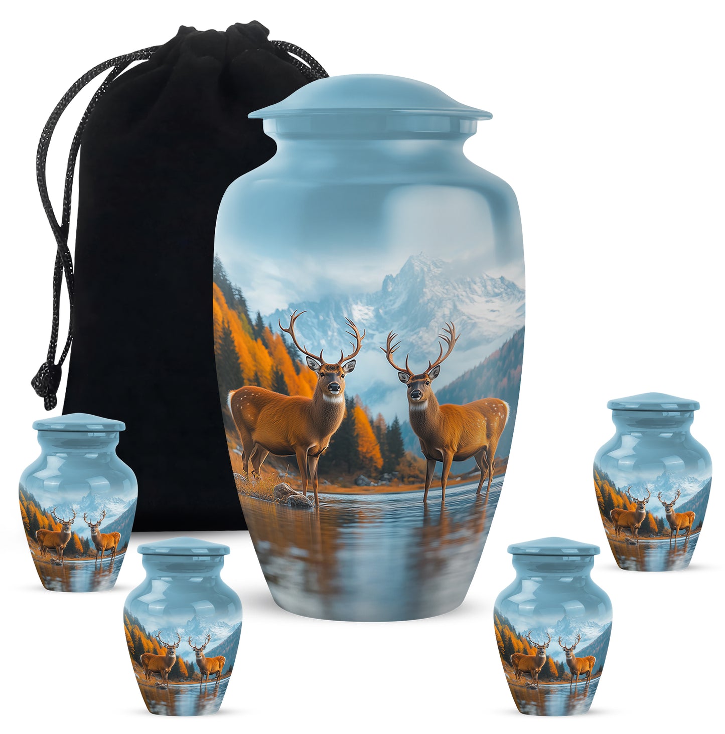 Steel Blue Deer Cremation Urn top-down view of secure threaded lid - traditional deer engraving with hand-polished finish - memorial set with one large and four small urns