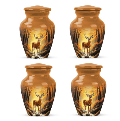 Burnished Gold Deer Cremation Urn side profile showing urn shape - elegant classic deer relief with fine detailing - 10 inch aluminum urn for cremated remains