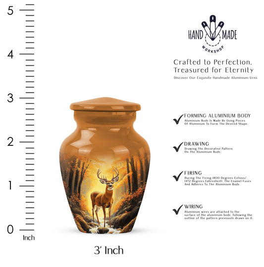 Royal Gold Deer Cremation Urn close-up of engraving and surface detail - elegant classic deer relief with fine detailing - mini keepsake memorial for portion of cremation ashes
